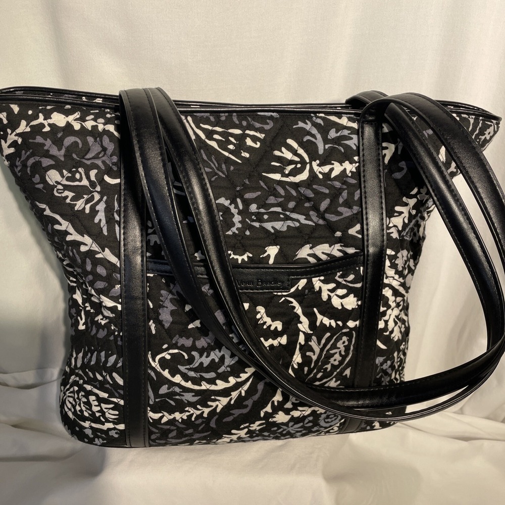 Vera Bradley Paisley Noir Black White Grey Blk Trimmed Tote Stamped Tag Zippered